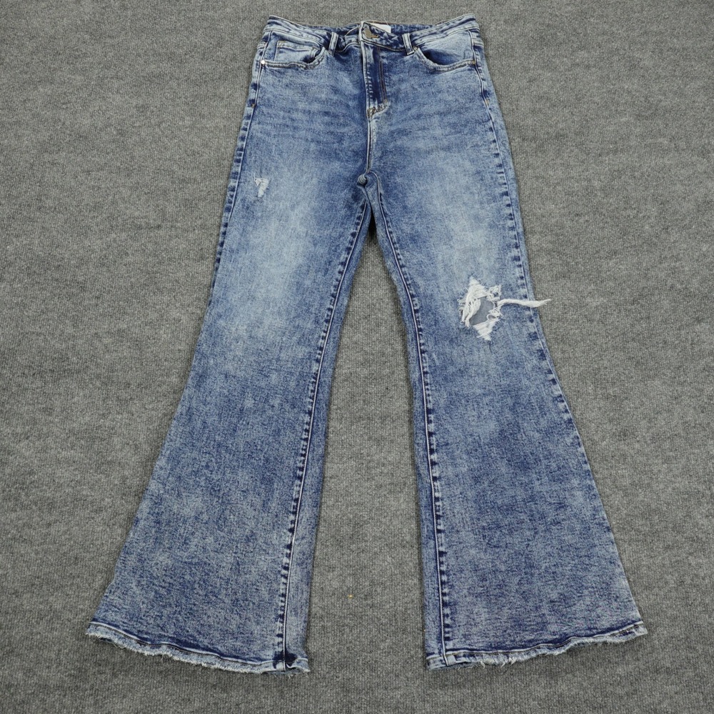 Risen Jeans Womens 15/32 Blue Acid Wash Distressed High Rise Boot Flare Leg